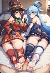 ai_generated ailurid aqua_(konosuba) cum cum_on_feet feet feet_on_penis foot_fetish foot_focus footjob footjob_with_legwear kono_subarashii_sekai_ni_shukufuku_wo! megumin pov smile stockings thick_thighs