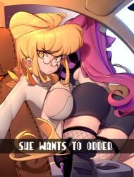 2girls artist_request ass blonde_hair breasts car car_interior cleavage female female_focus fishnets freaked_fleapit fully_clothed glasses large_breasts long_hair looking_at_viewer mrpsina official_art ordering_food purple purple_hair ruby_(freaked_fleapit) she_wants_to_order sister_june_(freaked_fleapit) skimpy_clothes tagme thighs underboob very_long_hair yellow_eyes