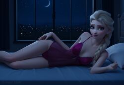 ai_generated angel_light angel_light_(artist) ass blue_eyes cute disney disney_princess elegant elsa_(frozen) frozen_(film) frozen_2 night nightgown on_side panties princess white_hair