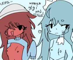 aaaaaaaaaaa blue_skin dandy's_world gigi_(dandy's_world) human humanoid leraypz long_sleeves maid meow red_skin showing_breasts showing_off silly sweat sweater tisha_(dandy's_world) yipes yuri yuri