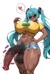 1futa ai_generated big_balls big_breasts big_penis blue_pubic_hair blush brazil brazilian brazilian_futa brazilian_miku cropped_shirt dark-skinned_futanari dark_skin dark_skinned_female denim denim_shorts erection futa_only futaalover futanari gigantic_penis hatsune_miku horse_penis horsecock horsecock_futanari huge_balls huge_cock large_breasts large_testicles penis pubic_hair sunglasses surprised tan_body tanline trembling twintails uncensored veiny_penis vocaloid yellow_shirt