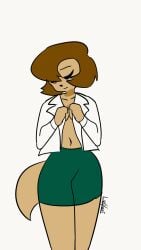 1girls 2023 abby_sinian animated anthro breasts brown_body brown_fur clothing coat female fur gif green_pants hi_res humanoid lab_coat luxxari navel pants solo solo_female tail tongue tongue_out topwear undressing white_background