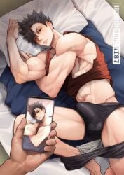 1boy abs arms_up bara barefoot black_hair black_male_underwear brown_eyes bulge cellphone closed_mouth clothes_lift commentary_request covered_penis erection erection_under_clothes flexing from_above groin haikyuu!! highres holding holding_phone iphone kuroo_tetsurou looking_up lying male_focus male_underwear muscular muscular_male on_back on_side onglai87 penis phone pillow red_tank_top shirt_lift short_hair smartphone solo spiked_hair sweat sweatdrop taking_picture tank_top testicles underwear veins veiny_arms