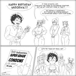 1boy 3girls aged_up biting_lip biting_own_lip bitting_lip black_and_white clothed clothing comic condom condom_box double_bun english_text female gift gift_box greyscale happy_birthday harem himiko_toga imminent_sex izuku_midoriya looking_at_another maina_furasu male mei_hatsume melissa_shield monochrome multiple_girls my_hero_academia scars scars_on_hand tied_hair transformation undressing undressing_self