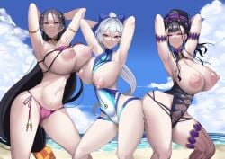 2022 3girls areolae armpits arms_behind_head arms_up ass_to_ass beach bikini blue_swimsuit bouncing_breasts bow bow_in_hair breast_to_breast breasts breasts_out dancing erect_nipples eyepatch_bikini fate/grand_order fate_(series) female female_only hair_ornament hips huge_breasts ky. large_areolae light-skinned_female light_skin long_hair mature_female medium_hair milf minamoto_no_raikou_(fate/grand_order) minamoto_no_raikou_(swimsuit_lancer) multiple_girls murasaki_shikibu_(fate) murasaki_shikibu_(swimsuit_rider)_(fate) nipples one-piece_swimsuit outdoors purple_bikini purple_eyes purple_hair purple_swimsuit red_eyes slim_waist thick_thighs thighs tomoe_gozen_(fate) tomoe_gozen_(swimsuit_saber) very_long_hair white_hair wide_hips