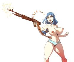 1girls big_breasts blue_hair box_chan breasts breasts_out bullet_casings bullets female female_only glasses gun little_witch_academia looking_off_screen m60 machine_gun ponytail red_eyes shorts simple_background solo solo_female solo_focus tits tits_out ursula_callistis white_background