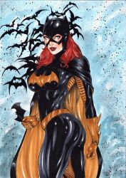 1girls abstract_background ass barbara_gordon bat batgirl batman_(series) bats big_ass big_breasts black_belt black_bodysuit black_sleeves blue_eyes bodysuit breasts busty cape clenched_fist cowl cum cum_on_clothes curvaceous curvy dat_ass dc dc_comics deviantart ed_benes_studio erect_nipples female female_only gloves human lanio_sena large_breasts leaning_against_wall long_hair nipple_bulge nipples pillar pinup red_hair red_lips red_lipstick signature skintight skintight_bodysuit sleeves solo superheroine thick_ass thick_thighs thighs tight_clothes tight_clothing utility_belt voluptuous watermark yellow_cape yellow_gloves