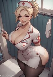 ai_generated angela_ziegler inky_bias light-skinned_female mercy nurse nurse_uniform overwatch pale-skinned_female pantyhose pov staring_at_viewer wink winking_at_viewer