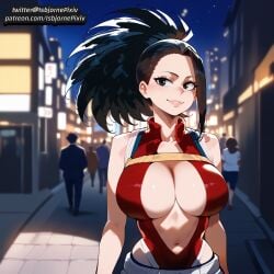 1boy ai_generated big_butt black_eyes black_hair boku_no_hero_academia cheating cuckold cuckolding dark-skinned_male female interracial large_breasts large_cock momo_yaoyorozu my_hero_academia netorare