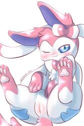 absurd_res blue_eyes chromaticfox eeveelution female feral genitals hi_res looking_at_viewer nintendo pawpads paws pokémon_(species) pokemon pokemon_(species) pussy simple_background solo spread_legs spreading sylveon video_games white_background white_body zoophilia