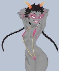 armpits arms_behind_head arms_up braided_hair brialzebubbie glasses grey_skin homestuck meenah_peixes sharp_teeth skinny sling_bikini slingshot_swimsuit sp4gh3tt1_(artist)