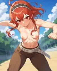 ai_generated angry angry_face areolae athletic_female eris_greyrat g-cup hairband large_breasts light-skinned_female light_skin long_hair looking_at_viewer muscular_female mushoku_tensei nipples red_body red_eyes shorts solo_female squatting sweat sweatdrop voluptuous voluptuous_female