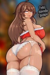 1girls ai_generated ass back_view blush breasts brown_hair christmas christmas_outfit corela indoors long_hair looking_at_viewer nude_female socks solo_female spanish_text tagme text thighs tortieza