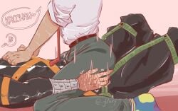 2024 2boys belt bulge costume duo fully_clothed gay hero_outfit_(mha) human izuku_midoriya jlfairy katsuki_bakugou lying male male/male male_only motion_lines my_hero_academia on_back pants pink_background side_view simple_background sitting sitting_on_another sitting_on_person straddling superhero_costume text yaoi