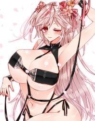 1girls armpit belly_button blush breasts cosplay eyebrows_visible_through_hair female female_only goddess_of_victory:_nikke grey_hair huge_breasts light-skinned_female light_skin looking_at_viewer mizusiro_(3_2_4_6) nexas_live one_eye_closed pink_eye rosanna_(chic_ocean)_(nikke)_(cosplay) roseli_petale solo virtual_youtuber wink wrist_cuffs