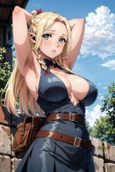 ai_generated armpits arms_up big_breasts blonde_hair blush dungeon_meshi elf elf_ears elf_female green_eyes light-skinned_female light_skin long_hair looking_at_viewer marcille_donato okita_(artist) solo solo_female squatting sweat sweatdrop thick_body thick_female voluptuous voluptuous_female