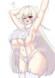 1girls armpits belly_button blush breasts female female_only huge_breasts light-skinned_female light_skin meme_attire nano_gure nexas_live nose_blush one_eye_closed open_mouth pointy_ears puffywaffles red_eye simple_background solo virgin_killer_sweater virtual_youtuber waking_up white_background white_hair