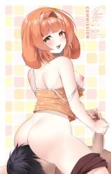 1boy 1girls animal_ears areola blush booty breasts brown_eyes bunny_ears bunny_girl censored facesitting handjob huge_breasts light-skinned_female light-skinned_male light_skin mintxnao miuna_usako mosaic_censoring nipple open_mouth orange_hair pixellink virtual_youtuber