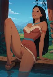 1girls ai_generated angel_light angel_light_(artist) black_hair breasts disney disney_princess dress nipples pocahontas pocahontas_(character) princess pussy