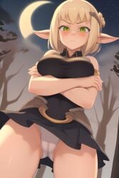 ai_generated annoyed blonde_hair cameltoe cra dark_forest dofus evangelyne flushed freckles looking_at_viewer moon night panties pixai wakfu