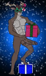 5_toes anthro antlers aquapunkarts capreoline cervid christmas christmas_lights erection feet genitals gift_bow gift_box hi_res horn humanoid_genitalia humanoid_penis male mammal nipples nude penis reindeer rudolph shirtless_(male) shirtless_anthro solo sunglasses_on_face toes video_games watermark