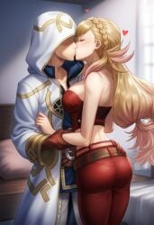 ai_generated bare_shoulders belt big_breasts fire_emblem fire_emblem_heroes hand_on_another's_hip heart holding_hands kiran_(fire_emblem) kiran_(fire_emblem)_(male) kissing long_pants midriff nai_diffusion red_clothes red_pants red_strapless sharena_(fire_emblem) stable_diffusion standing strapless