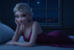 ai_generated angel_light angel_light_(artist) ass blue_eyes cute disney disney_princess elegant elsa_(frozen) frozen_(film) frozen_2 night nightgown on_side princess white_hair