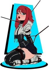 ballet_boots ballet_heels big_lips bimbo_lips blue_eyes bondage bound collar corset fully_clothed high_heels kneeling lock oc padlock png raver1357 red_hair rope sipher_(raver1357) skirt small_waist stockings thick_lips thighhighs tiny_waist