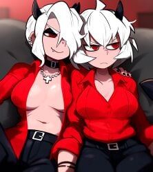 2girls ai_generated belt black_nails black_pants blush breasts choker demon demon_girl demon_horns frown hand_on_another's_shoulder implied_incest losforry_custom malina_(helltaker) necklace open_shirt pants red_eyes red_shirt sisters sitting smile white_hair zdrada_(helltaker)