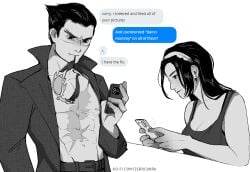 1boy abs asian asian_female asian_male black_hair chat female fully_clothed funny glasses jun_kazama kazama_jun kazuya_mishima meme monochrome muscular muscular_male namco phone phone_screen scar scar_on_chest self_upload sunglasses tank_top tekken tekken_8 texting zerocukru