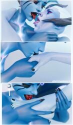 2girls 3d 3d_(artwork) benthaideelune black_lipstick black_nails blue_skin dota_2 feet hand_over_head holding_hands holding_neck kissing_hand licking_feet looking_at_partner queen_of_pain red_eyes saliva saliva_trail succubus tagme toes tongue tongue_out tongue_piercing vengeful_spirit yuri