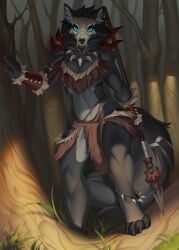 2021 4_toes 5_fingers absurd_res abyssal_wolf anthro blue_eyes bottomwear breasts canid canine canis clothed clothing day detailed_background digital_media_(artwork) digitigrade esther_(rinkai) feet female fingers forest grass hi_res holding_melee_weapon holding_object holding_polearm holding_spear holding_weapon kuroame loincloth looking_at_viewer mammal mask melee_weapon muscular muscular_thighs navel outside plant polearm skull_mask slightly_muscular solo spear toes tree tribal weapon wolf