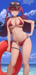 1girls 2022 beach bikini breasts female female_only hand_on_hip hat heart-shaped_sunglasses heterochromia hips hololive hololive_fantasy hololive_japan houshou_marine huge_breasts long_hair looking_at_viewer naughty_face outdoors red_bikini red_eyes red_hair slim_waist smile suggestive_look sunglasses sunglasses_on_head swimsuit thick_thighs thighs twintails virtual_youtuber wide_hips yellow_eyes yohan1754