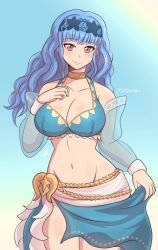 1girls 2022 alternate_costume alternate_hairstyle bangs bare_thighs bikini blue_bikini blue_hair blue_swimsuit breasts brown_eyes cleavage clothes_lift commission detached_sleeves female female_only fire_emblem fire_emblem:_three_houses fire_emblem_heroes fire_emblem_warriors:_three_hopes large_breasts light_blue_hair long_hair looking_at_viewer marianne_von_edmund marianne_von_edmund_(summer) nintendo official_alternate_costume official_alternate_hairstyle raydango sarong see-through smile solo swimsuit thighs wavy_hair