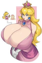 1girls alternate_breast_size alternate_costume before_and_after blonde_hair blue_eyes blush breast_expansion bursting_breasts cleavage crown dress earings eating_mushroom emmarrgus female_focus from_above gloves growth huge_breasts implied_transformation impossible_clothes jewelry long_hair mushroom necklace plump_lips power_up princess princess_peach queen royalty seductive_look seductive_smile simple_background skindentation star super_mario_bros.