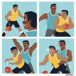 2024 2boys basketball basketball_(ball) basketball_uniform bite biting_lip biting_own_lip blue_background blue_clothing blush caldatelier closed_eyes closed_eyes comic dry_humping duo enjoying from_behind from_behind_position gay grey_clothing holding_basketball holding_object human human_on_human human_only humping male male_only motion_lines open_mouth questionable_consent self_bite simple_background smile sports sports_uniform sportswear surprise surprised surprised_expression sweat teeth yaoi yellow_clothing