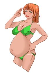 2000s bikini blue_eyes collarbone drg freckles green_bikini green_bikini_bottom green_bikini_top long_hair looking_at_viewer makeup mature_female mature_woman old_art old_artwork older_female orange_hair posing pregnant pregnant_belly pregnant_female red_nail_polish red_nails smile smiling smiling_at_viewer standing standing_up tanned_female tanned_skin teasing teasing_pussy teasing_viewer white_background