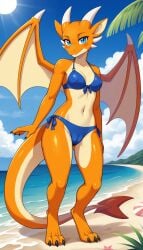 1girls 2024 ai_generated anthro beach bikini blue_eyes blushing cameltoe curvy_figure digitigrade dragon female female_only hi_res horns mythological_creature mythological_scalie mythology nipple_bulge non-mammal_breasts orange_body orange_dragon orange_scales reptile scalie seaside slit_pupils smile wings