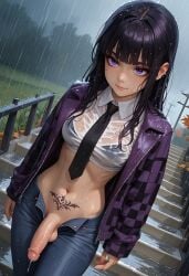 1futa ai_generated balls black_hair blunt_bangs flaccid from_above futa_only futanari goth goth_futa goth_girl_(jamesbron) jacket jamesbron jeans large_penis long_hair looking_at_viewer navel no_panties open_pants penis precum precum_drip purple_eyes rain smile solo solo_futa standing stomach tattoo tie wet wet_clothes white_shirt