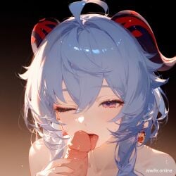 1boy ahoge ai_generated bare_shoulders bell cum erection fellatio female from_side ganyu_(genshin_impact) genshin_impact licking_penis long_hair nude oral penis saliva simple_background solo_focus straight tongue upper_bodylicking