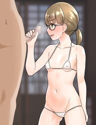 1boy bikini blush breasts brown_hair c2-chan c2_kikan censored clothed_female_nude_male collarbone commentary_request covered_nipples female furaggu_(frag_0416) glasses green_eyes handjob highres kneeling low_ponytail micro_bikini mosaic_censoring navel nude penis small_breasts small_penis solo_focus straight swimsuit thighs twintails white_bikini