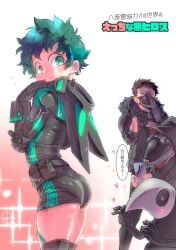 1femboy bare_thighs boku_no_hero_academia booty_shorts chisaki_kai femboy feminine_male girly green_eyes green_hair heart izuku_midoriya japanese_text kai_chisaki male male_focus male_only mask midoriya_izuku multiple_boys my_hero_academia overhaul solo_male taking_picture yaoi