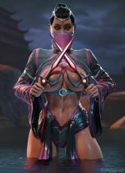 1girls abs athletic athletic_female big_breasts black_hair breast_squeeze deception female female_focus female_only hair_up in_water mask masked_female mileena monster_girl mortal_kombat mortal_kombat_1_(2023) mortal_kombat_deception peak ponytail shulyque tarkatan wet wet_clothes wet_skin