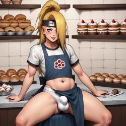 1boy ai_generated apron bakery belly_piercing blonde_hair blue_eyes briefs cake deidara erection femboy headwear male male_focus male_only naruto piercing presenting thick thick_ass thick_thighs tongue_out