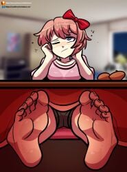 2d 2d_(artwork) bedroom blue_eyes casual_clothes clothed_female coral_pink_hair doki_doki_literature_club female female_only foot_fetish foot_focus looking_up one_eye_closed reathroch sad sayori_(doki_doki_literature_club) soles soles_fetish team_salvato white_skinned_female