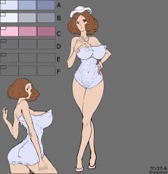 alternative_universe atlus beach big_breasts brown_eyes brown_hair clothed clothing concept_art female flat_colors fully_clothed haru_okumura huge_breasts human impossible_clothing light-skinned_female light_skin mostly_nude persona persona_5 persona_5_royal pointy_breasts sketch thick thick_ass thick_thighs tight_clothing wankofool