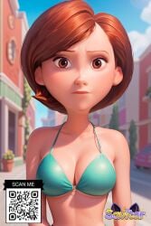 ai_generated aqua_bikini bangs bare_shoulders bikini blue_sky blurry breasts brown_eyes brown_hair building car cleavage closed_mouth clothing cloud day elastigirl female female_only ground_vehicle helen_parr large_breasts lips littlehentai looking_at_viewer medium_breasts motor_vehicle navel outdoors plant savitar savitar_(artist) short_hair sky solo swept_bangs swimsuit the_incredibles the_incredibles_2 upper_body