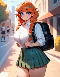 1girls ai_generated big_ass big_breasts blue_eyes braid braided_hair curvy curvy_figure cute cute_face freckles light-skinned_female light_skin melony_(xandr) plaid plaid_skirt red_hair school_uniform schoolgirl shirt skirt thick thick_ass thick_legs thick_thighs twin_braids xandr young younger_female