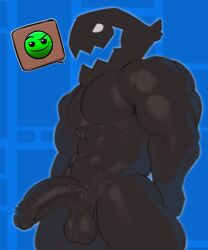 1boy 1male 2024 abs absurd_res anthro anthrofied ballsack black_body foreskin genitals geometry_dash glans glistening_genitalia half-erect hands_behind_back kogito looking_at_viewer male male_only monster monster_(geometry_dash) muscular muscular_male narrowed_eyes navel open_mouth pecs penis sharp_teeth simple_background solo spiked_glans spikes_(anatomy) teeth testicles toony veiny_penis