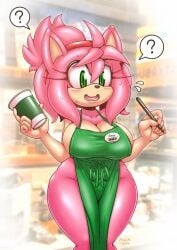 5_fingers ? alternate_version_available amy_rose anthro apron apron_only barista big_breasts boobs cleavage furry green_eyes holding_object i_mean_breast_milk iced_latte_with_breast_milk large_breasts meme michiyoshi naked_apron nervous pink_fur pink_hair ponytail sega sideboob sonic_(series) sonic_the_hedgehog_(series) starbucks surprised surprised_expression sweat sweatdrop thick thick_ass thick_thighs thighs tits